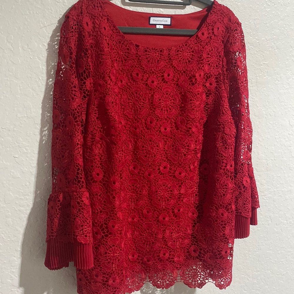 Charter Club L top Red lace sleeves